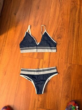 SHEIN Navy and White Striped Bralette Bikini Set